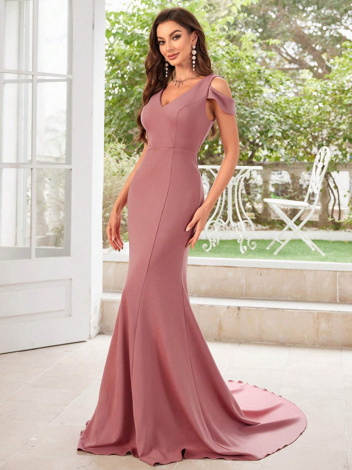 Off Shoulder V-Neck Big Swing Floor Length Mermaid Hem Bridesmaid Dress