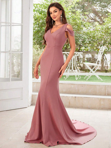 Off Shoulder V-Neck Big Swing Floor Length Mermaid Hem Bridesmaid Dress