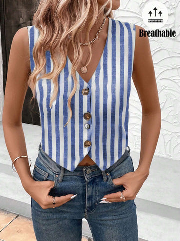 LUNE Office Lady Striped Print Button Front Asymmetric Hem Vest