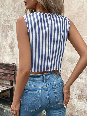 LUNE Office Lady Striped Print Button Front Asymmetric Hem Vest