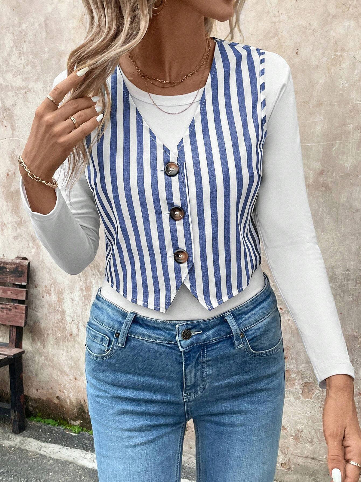 LUNE Office Lady Striped Print Button Front Asymmetric Hem Vest