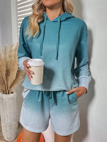 Ombre Drop Shoulder Drawstring Hoodie & Shorts