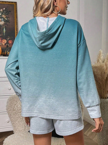 Ombre Drop Shoulder Drawstring Hoodie & Shorts