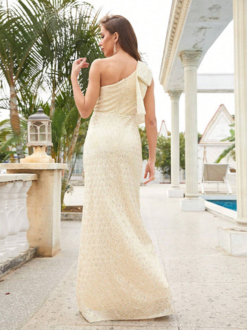 One-Shoulder Glitter Slit Bodycon Maxi Dress