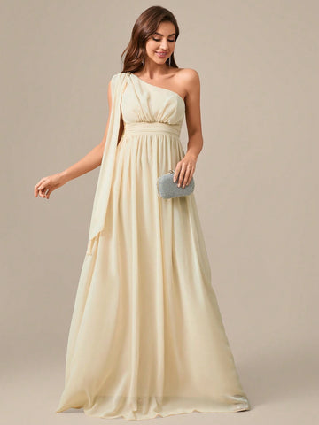 One Shoulder Chiffon Long Dress With Flutter Sleeve, Waist Pleats, And Draping