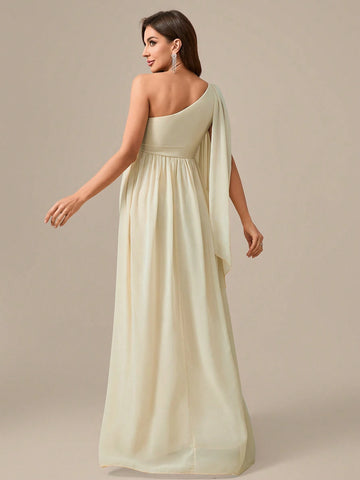 One Shoulder Chiffon Long Dress With Flutter Sleeve, Waist Pleats, And Draping