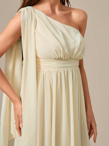 One Shoulder Chiffon Long Dress With Flutter Sleeve, Waist Pleats, And Draping