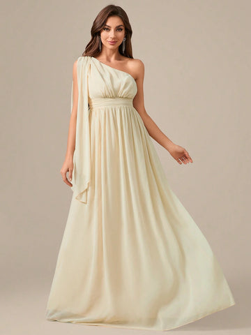 One Shoulder Chiffon Long Dress With Flutter Sleeve, Waist Pleats, And Draping
