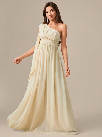 One Shoulder Chiffon Long Dress With Flutter Sleeve, Waist Pleats, And Draping