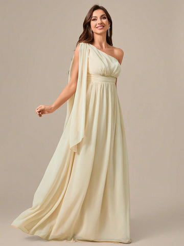One Shoulder Chiffon Long Dress With Flutter Sleeve, Waist Pleats, And Draping