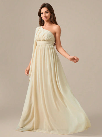 One Shoulder Chiffon Long Dress With Flutter Sleeve, Waist Pleats, And Draping