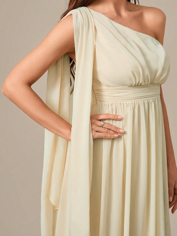 One Shoulder Chiffon Long Dress With Flutter Sleeve, Waist Pleats, And Draping