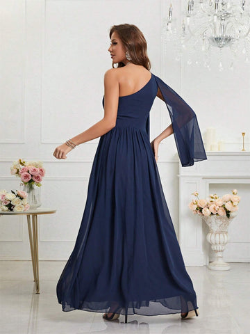 One Shoulder Slit Sleeves Gathered Slit Hem Dress Dress