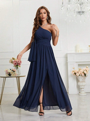 One Shoulder Slit Sleeves Gathered Slit Hem Dress Dress