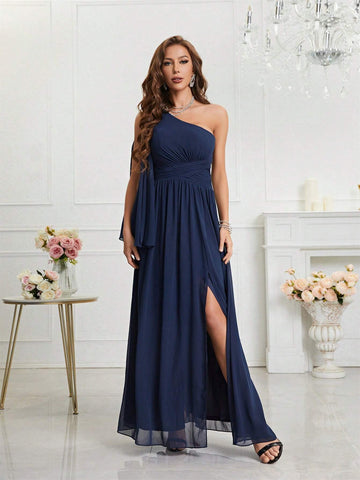 One Shoulder Slit Sleeves Gathered Slit Hem Dress Dress