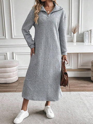 Oversized Collar, Zipper Decor, Long Sleeve, Casual, Loose, Drop Shoulder Dress