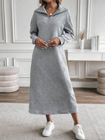 Oversized Collar, Zipper Decor, Long Sleeve, Casual, Loose, Drop Shoulder Dress