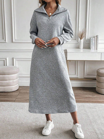 Oversized Collar, Zipper Decor, Long Sleeve, Casual, Loose, Drop Shoulder Dress