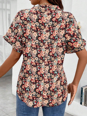 LUNE Paisley And Floral Print Notch Neck Batwing Sleeve Blouse