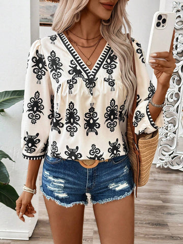 LUNE Paisley Floral Printed Mid-Length V-Neck Casual Shirt For Summer