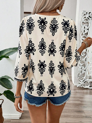 LUNE Paisley Floral Printed Mid-Length V-Neck Casual Shirt For Summer