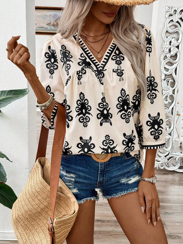 LUNE Paisley Floral Printed Mid-Length V-Neck Casual Shirt For Summer