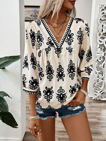 LUNE Paisley Floral Printed Mid-Length V-Neck Casual Shirt For Summer
