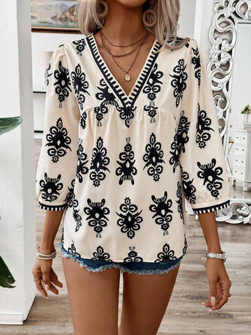LUNE Paisley Floral Printed Mid-Length V-Neck Casual Shirt For Summer