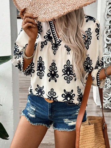 LUNE Paisley Floral Printed Mid-Length V-Neck Casual Shirt For Summer