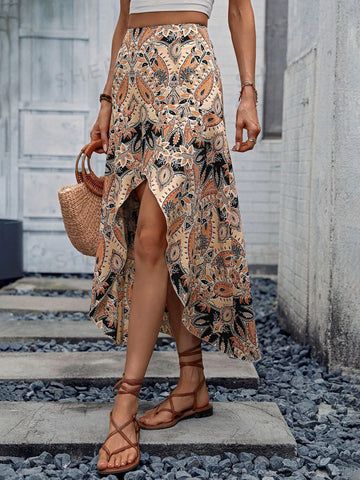 LUNE Paisley Print Asymmetrical Hem Skirt