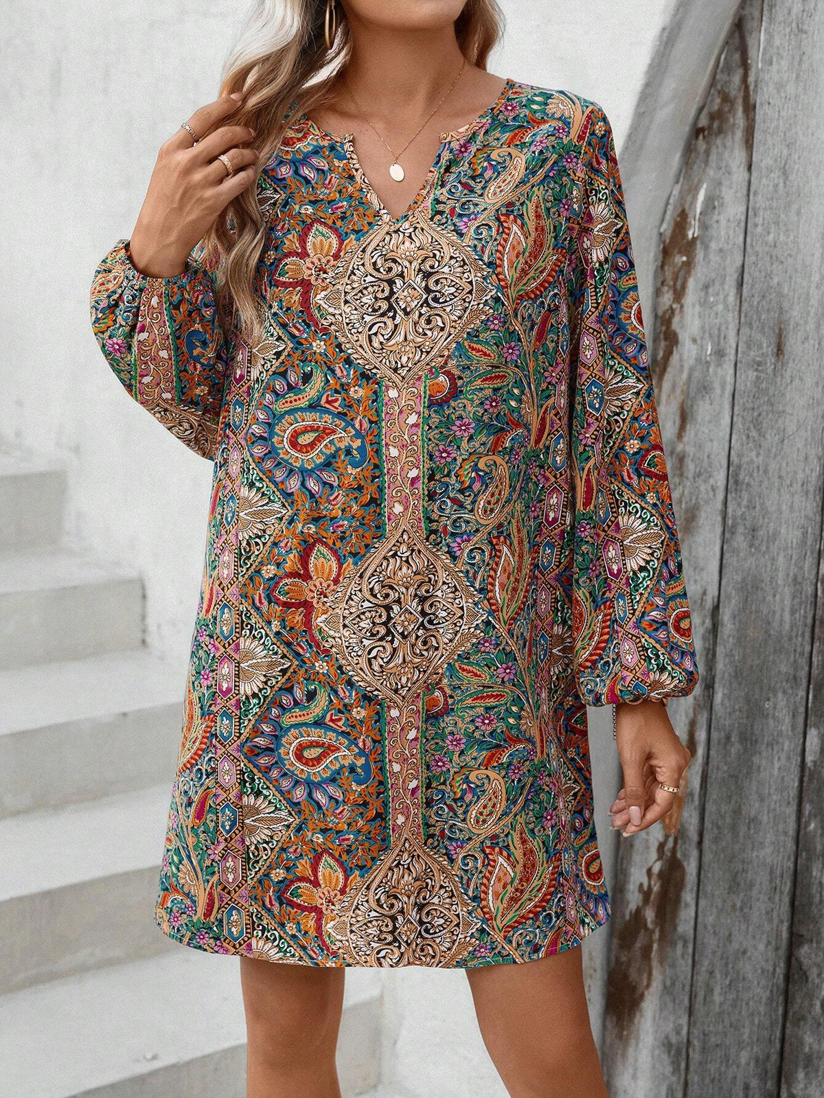 Paisley Print Notched Neckline Lantern Sleeve Dress