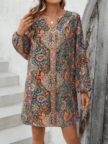 Paisley Print Notched Neckline Lantern Sleeve Dress