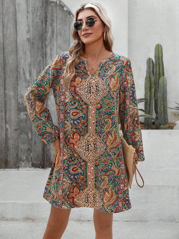 Paisley Print Notched Neckline Lantern Sleeve Dress