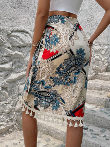 LUNE Paisley Print Tassel Trim Wrap Knot Side Skirt