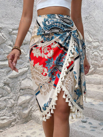 LUNE Paisley Print Tassel Trim Wrap Knot Side Skirt