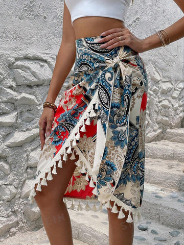 LUNE Paisley Print Tassel Trim Wrap Knot Side Skirt
