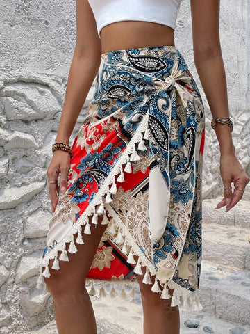 LUNE Paisley Print Tassel Trim Wrap Knot Side Skirt