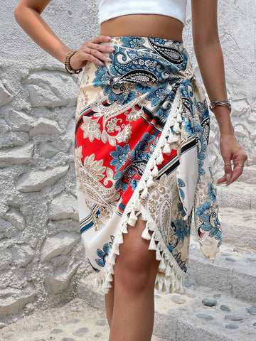 LUNE Paisley Print Tassel Trim Wrap Knot Side Skirt