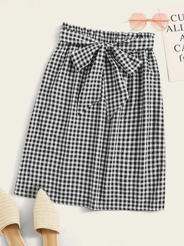 LUNE Paperbag Waist Belted Gingham Skirt