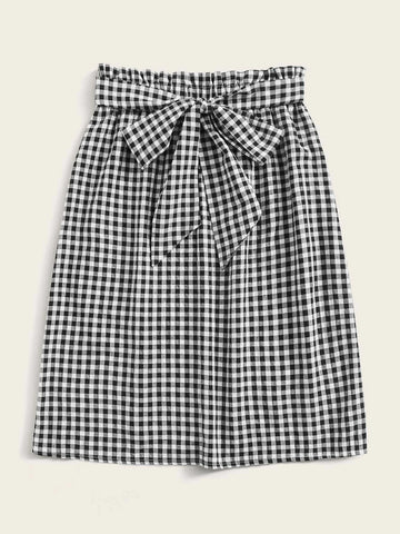 LUNE Paperbag Waist Belted Gingham Skirt