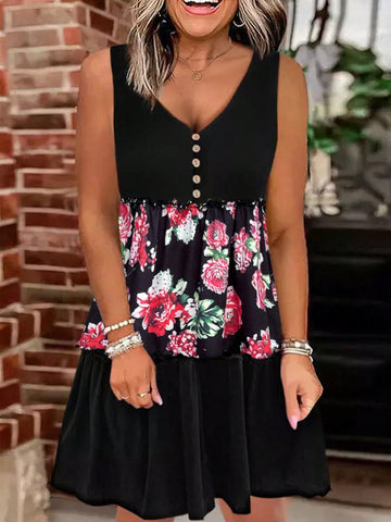 Patchwork Floral Printed Sleeveless Dress