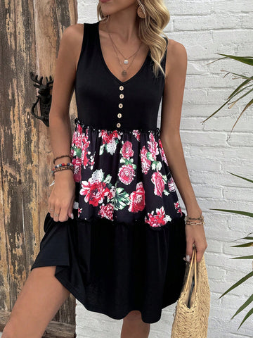 Patchwork Floral Printed Sleeveless Dress