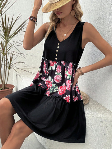 Patchwork Floral Printed Sleeveless Dress