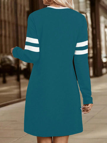 Patchwork Zip V-Neck Short Dress With Long Sleeves, For Women Autumn