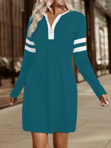 Patchwork Zip V-Neck Short Dress With Long Sleeves, For Women Autumn