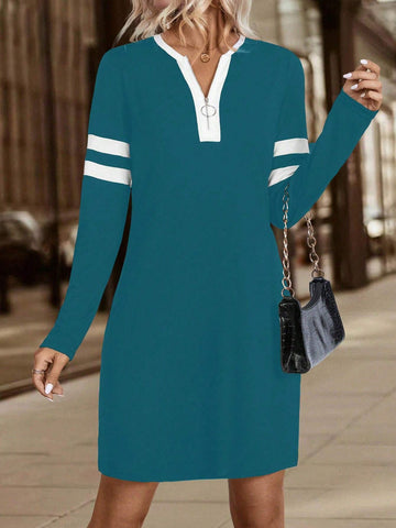 Patchwork Zip V-Neck Short Dress With Long Sleeves, For Women Autumn