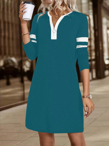 Patchwork Zip V-Neck Short Dress With Long Sleeves, For Women Autumn