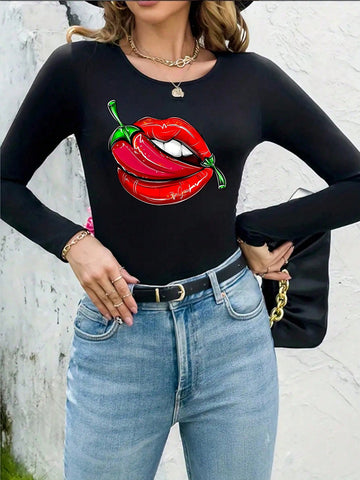 Pepper Print Round Neck Long Sleeve Bodysuit, Casual