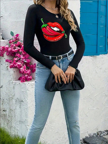 Pepper Print Round Neck Long Sleeve Bodysuit, Casual