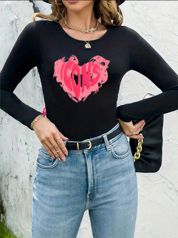 Pink Love Heart Round Neck Long Sleeve Bodysuit, Casual